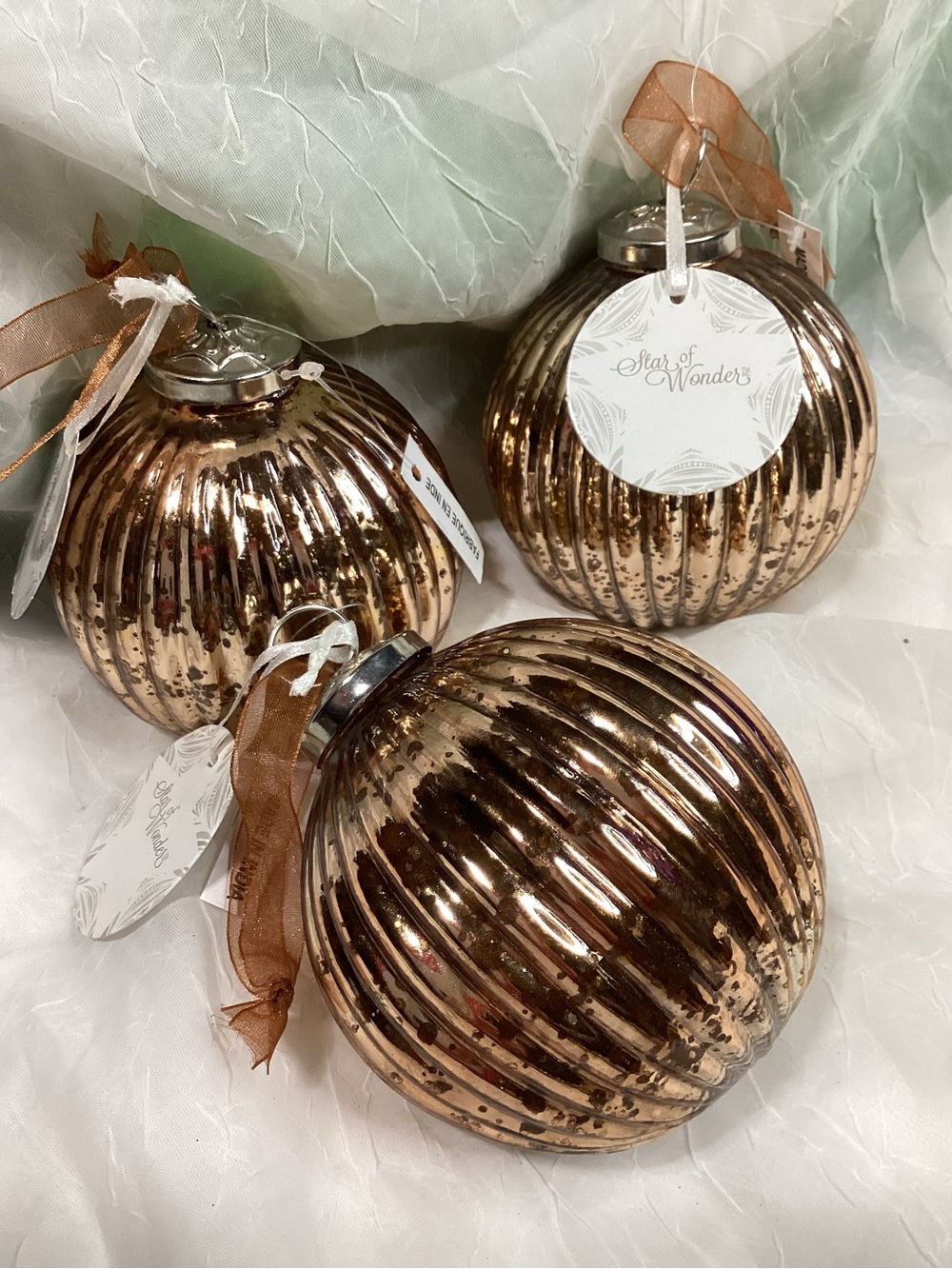 Mercury Glass Christmas Ball Ornaments Gold & Bronze Made in India NWT x3